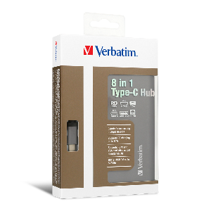 Verbatim Type-C Hub With VGA, HDMI, RJ45, USB3x2, PD 60W, SD & Earjack - Grey