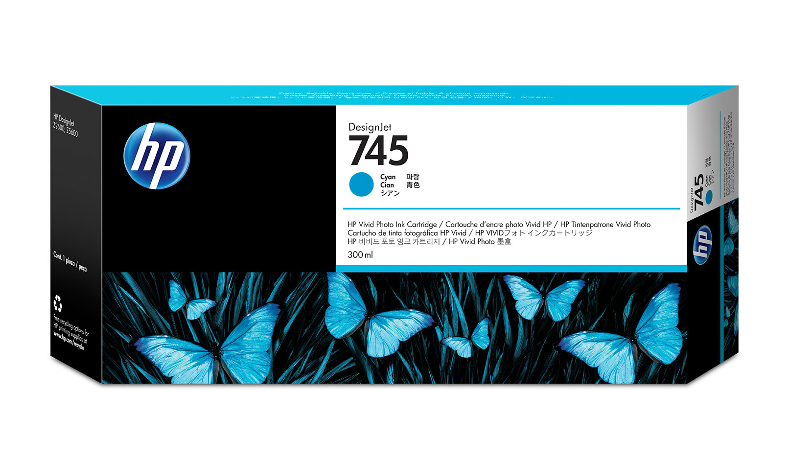 HP 745 300-ml DesignJet Cyan Ink Cartridge,F9K03A