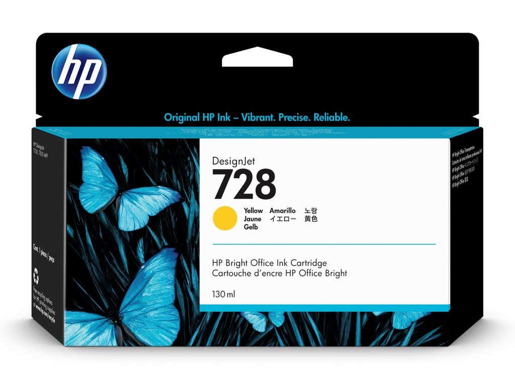 HP 728 130-ml Yellow DesignJet Ink Cartridge, F9J65A